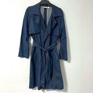 Chicos Denim Tie Waist Trench Coat Jacket Size 2  = 12/L Women's Belted Pockets